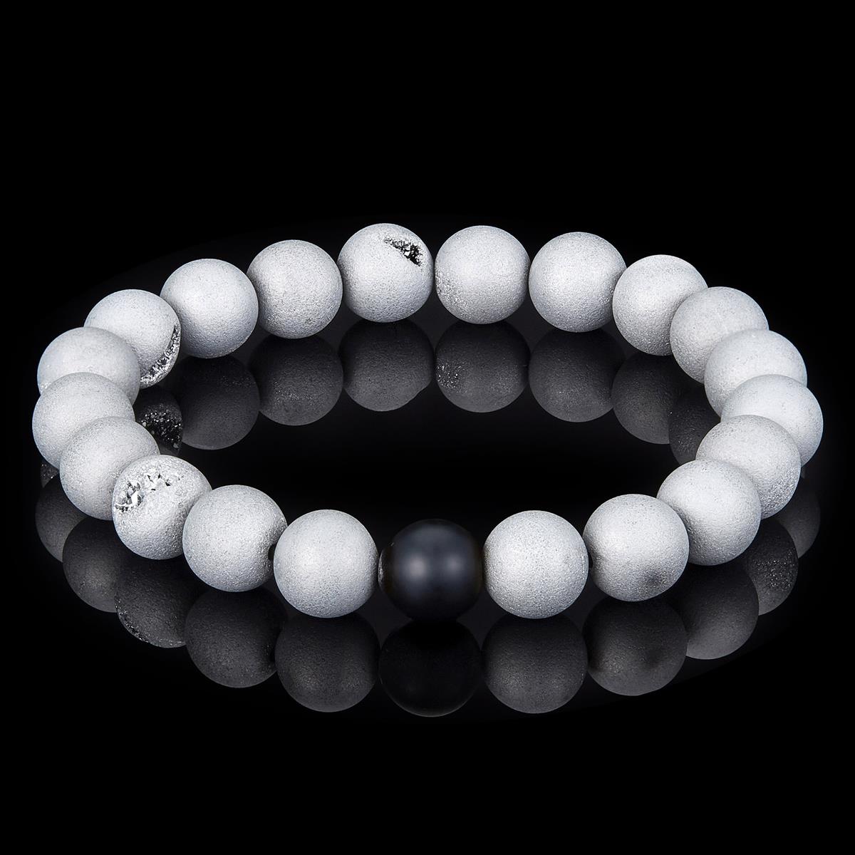 Silver Druzy Agate and Black Matte Onyx 10mm Natural Stone Bead Stretch Bracelet