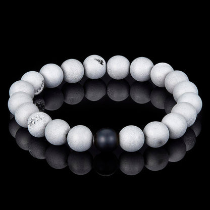 Silver Druzy Agate and Black Matte Onyx 10mm Natural Stone Bead Stretch Bracelet