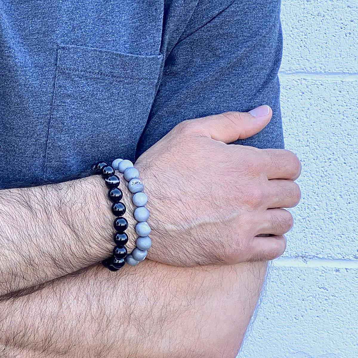 Silver Druzy Agate and Black Matte Onyx 10mm Natural Stone Bead Stretch Bracelet