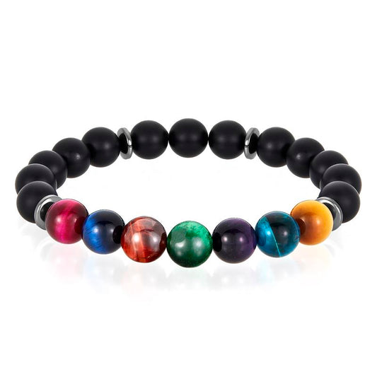 Multi-Tiger Eye and Black Matte Onyx Bead Stretch Bracelet (10mm) Choose Small or Large