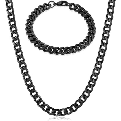 Crucible Jewelry Men's Bracelet and Necklace Black Plated Steel Curb Chain Set