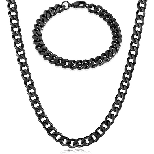 Crucible Jewelry Men's Bracelet and Necklace Black Plated Steel Curb Chain Set