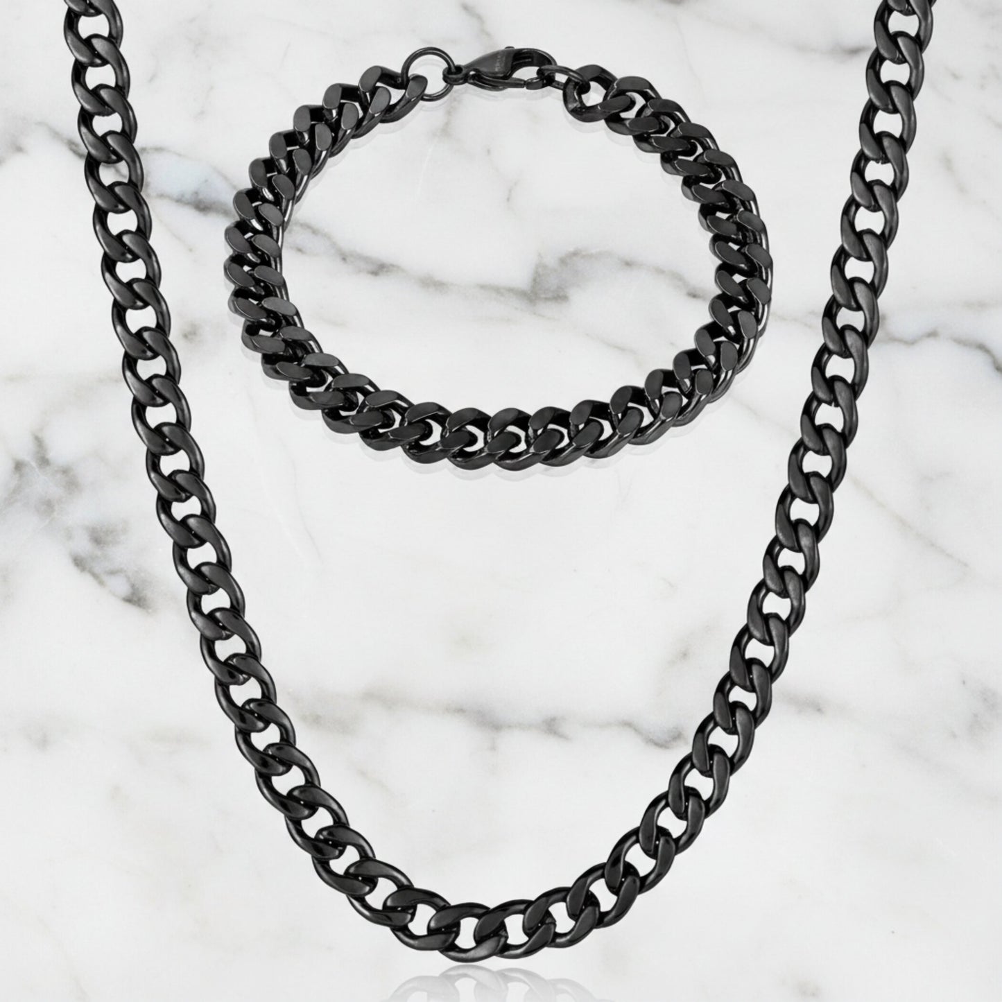Crucible Jewelry Men's Bracelet and Necklace Black Plated Steel Curb Chain Set