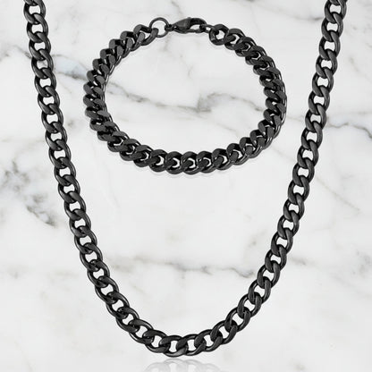 Crucible Jewelry Men's Bracelet and Necklace Black Plated Steel Curb Chain Set
