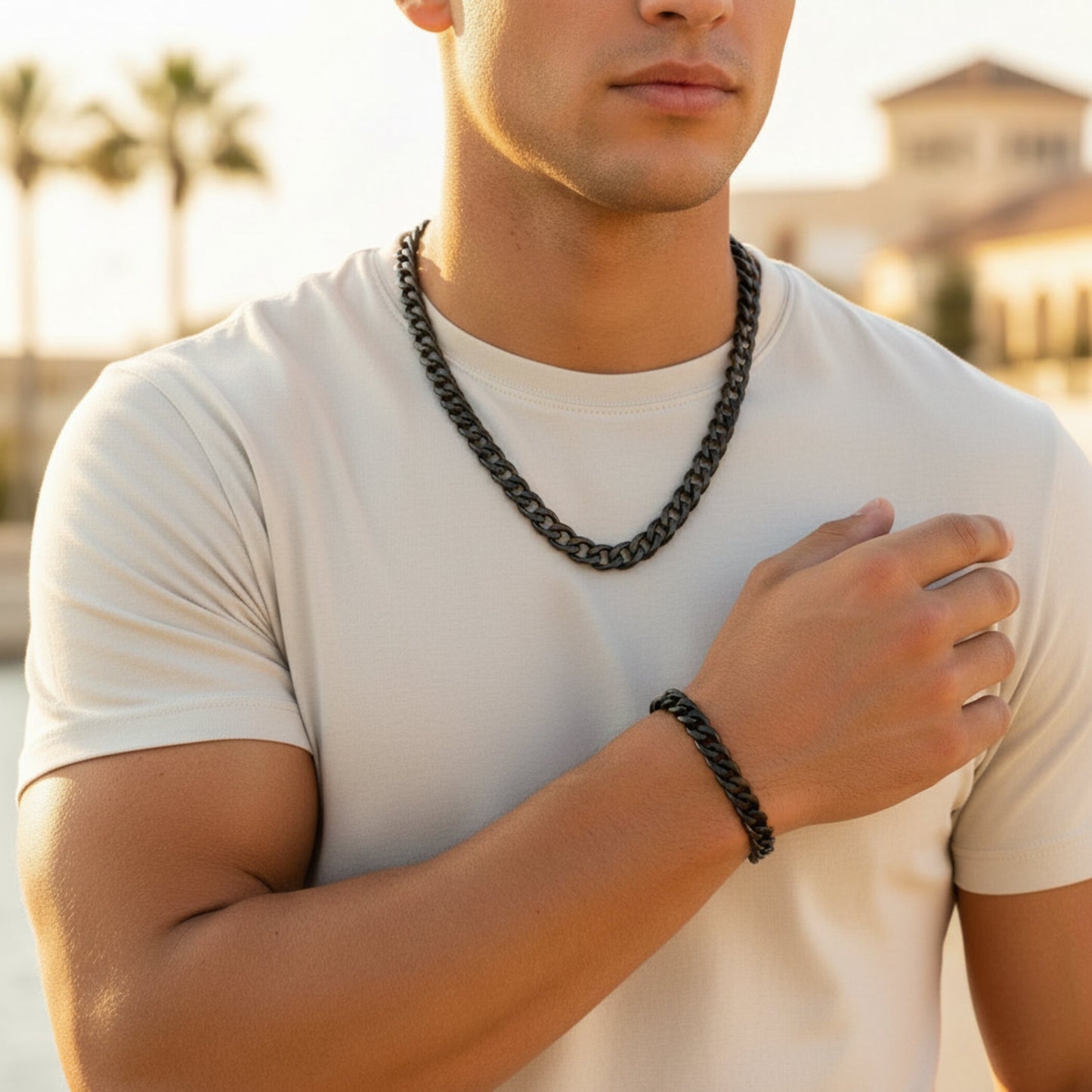 Crucible Jewelry Men's Bracelet and Necklace Black Plated Steel Curb Chain Set