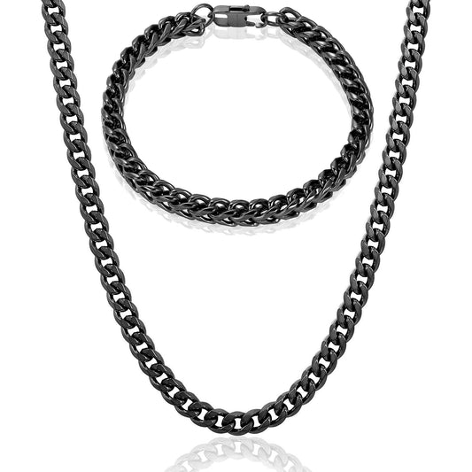 Invicta Jewelry Men's Franco Bracelet and Curb Necklace Black Chain Set