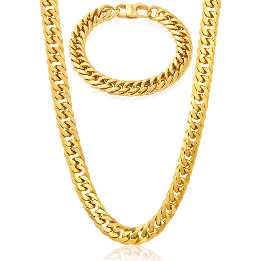Invicta Jewelry Men's Double Curb Chain Gold Bracelet and Necklace Set