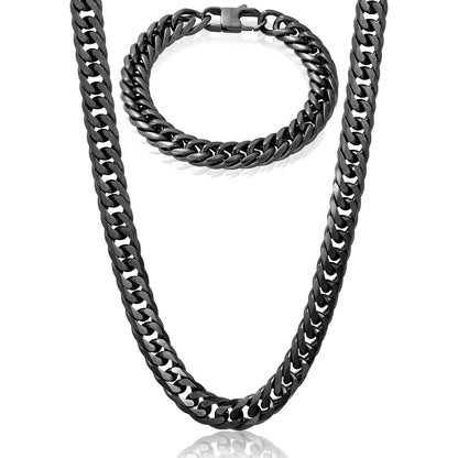 Invicta Jewelry Men's Double Curb Chain Black Bracelet and Necklace Set