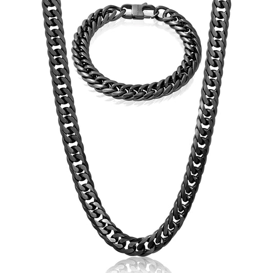 Invicta Jewelry Men's Double Curb Chain Black Bracelet and Necklace Set