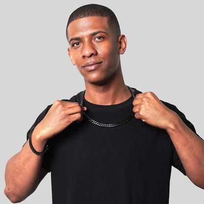Invicta Jewelry Men's Double Curb Chain Black Bracelet and Necklace Set