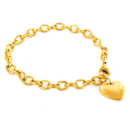 ELYA Women's Polished Heart Dangle Charm Gold Plated Stainless Steel Bracelet