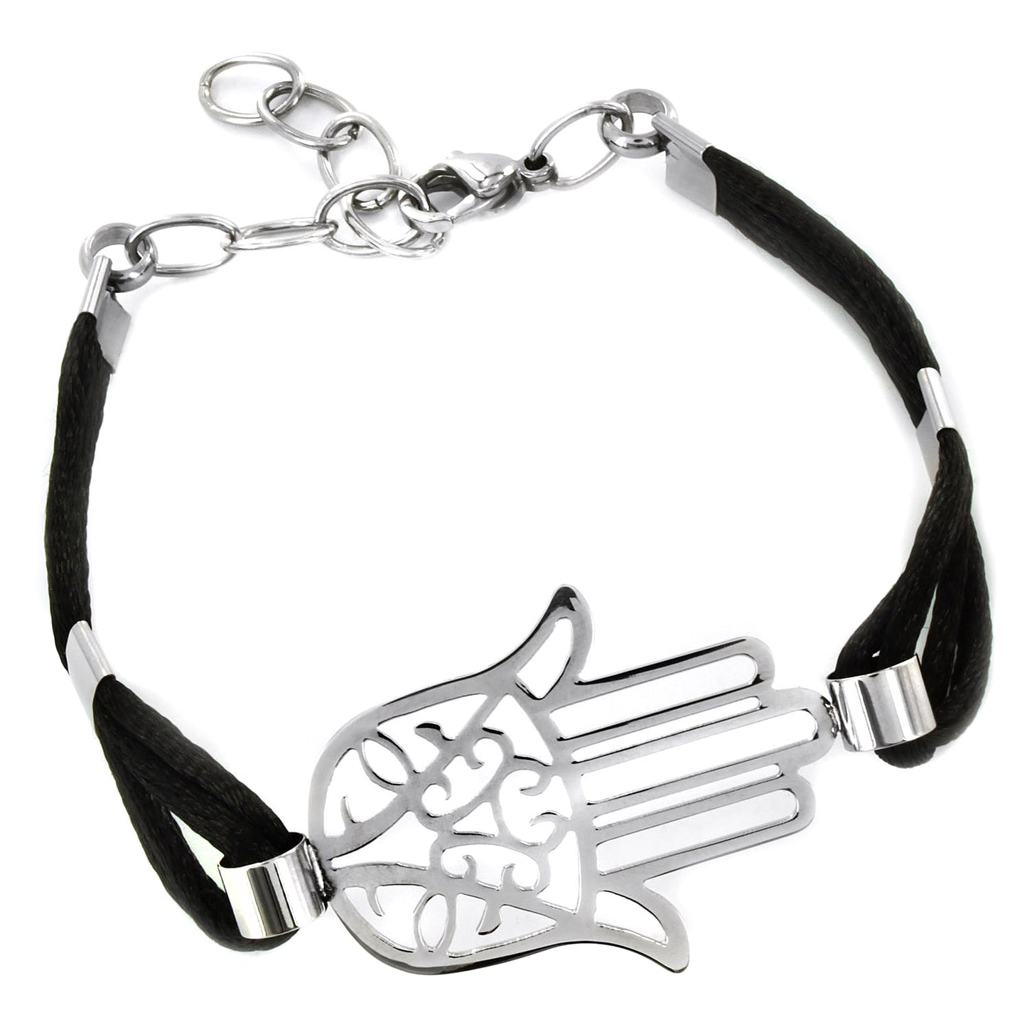 Polished Hamsa Blue Cotton Cord Stainless Steel Bracelet (23 mm) - 7"