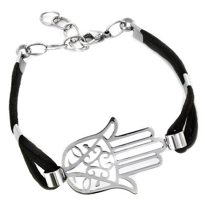 Polished Hamsa Blue Cotton Cord Stainless Steel Bracelet (23 mm) - 7"