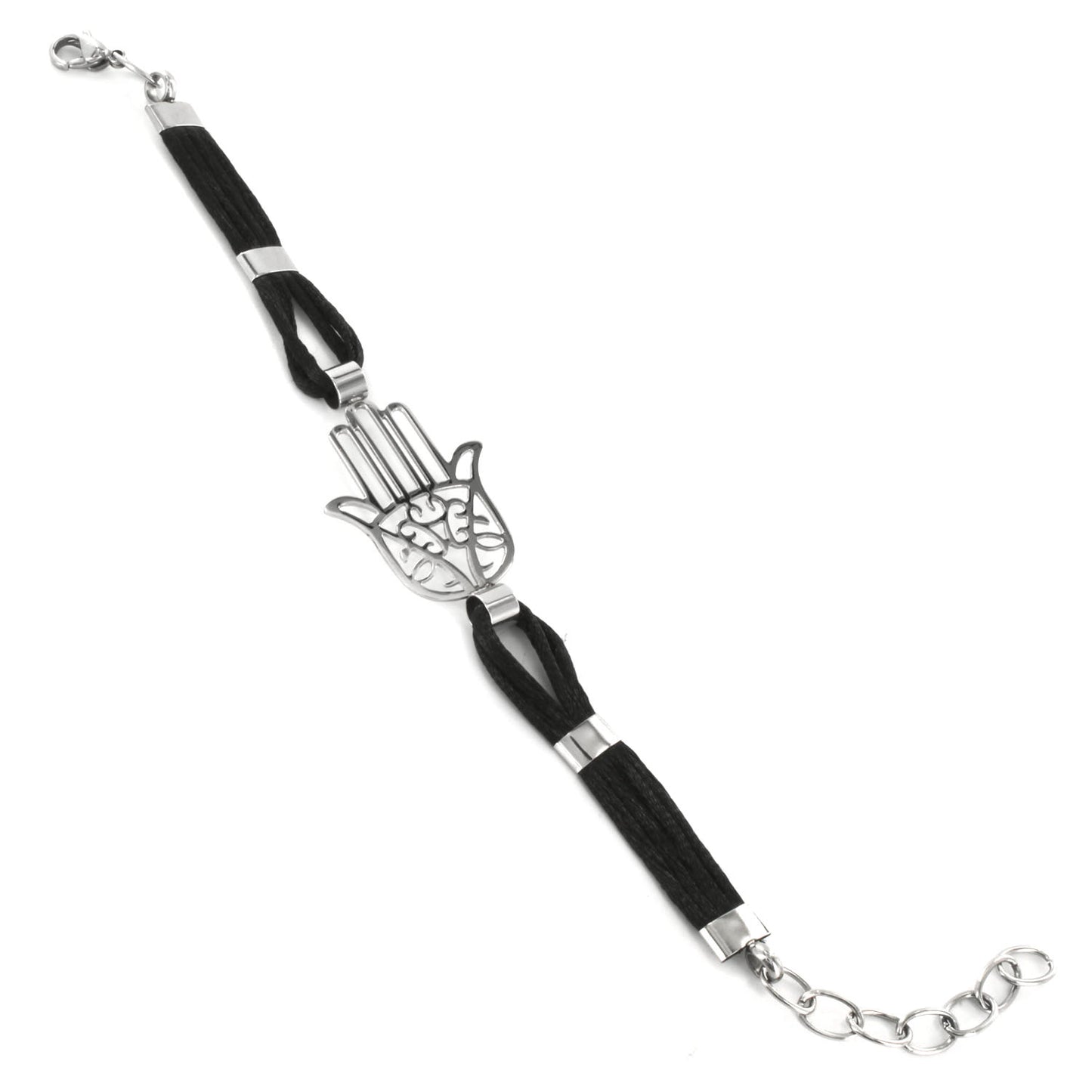 Polished Hamsa Blue Cotton Cord Stainless Steel Bracelet (23 mm) - 7"