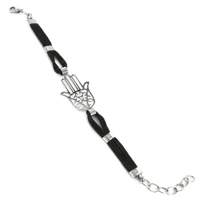 Polished Hamsa Blue Cotton Cord Stainless Steel Bracelet (23 mm) - 7"