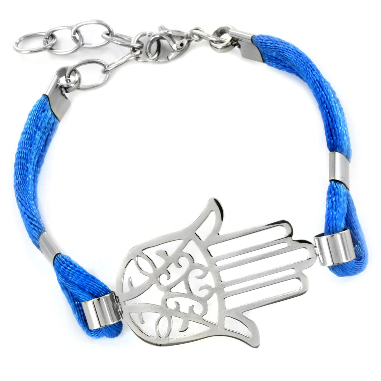 Polished Hamsa Blue Cotton Cord Stainless Steel Bracelet (23 mm) - 7"