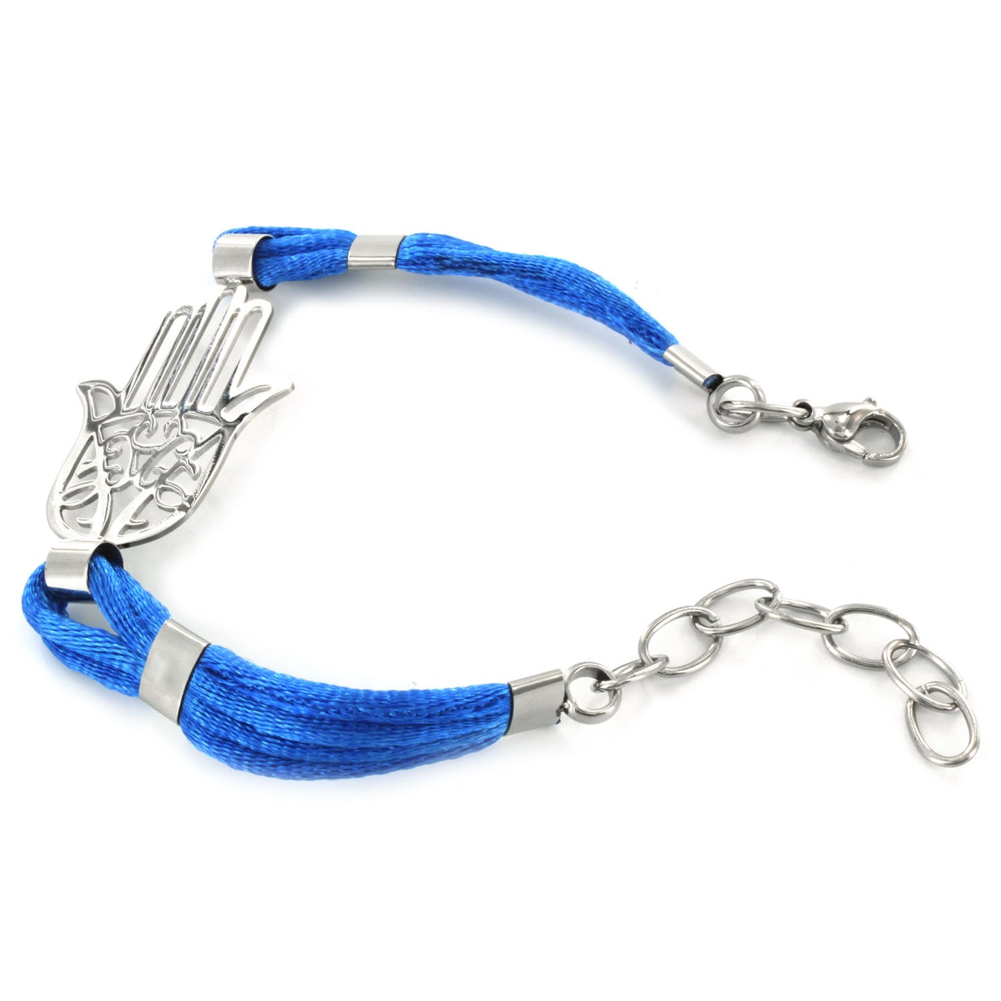 Polished Hamsa Blue Cotton Cord Stainless Steel Bracelet (23 mm) - 7"