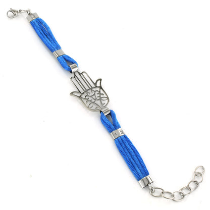 Polished Hamsa Blue Cotton Cord Stainless Steel Bracelet (23 mm) - 7"