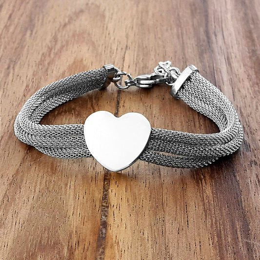 ELYA Women's Polished Heart with Three Mesh Strands Stainless Steel Bracelet