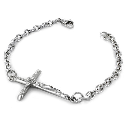 ELYA Women's Polished Large Sideways Crucifix Cross Chain Stainless Steel Bracelet