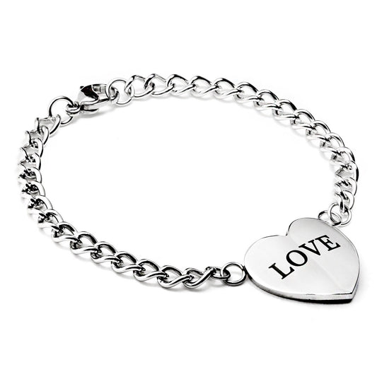 ELYA Polished Engraved "Love" Heart Chain Stainless Steel Bracelet (20 mm) - 7"