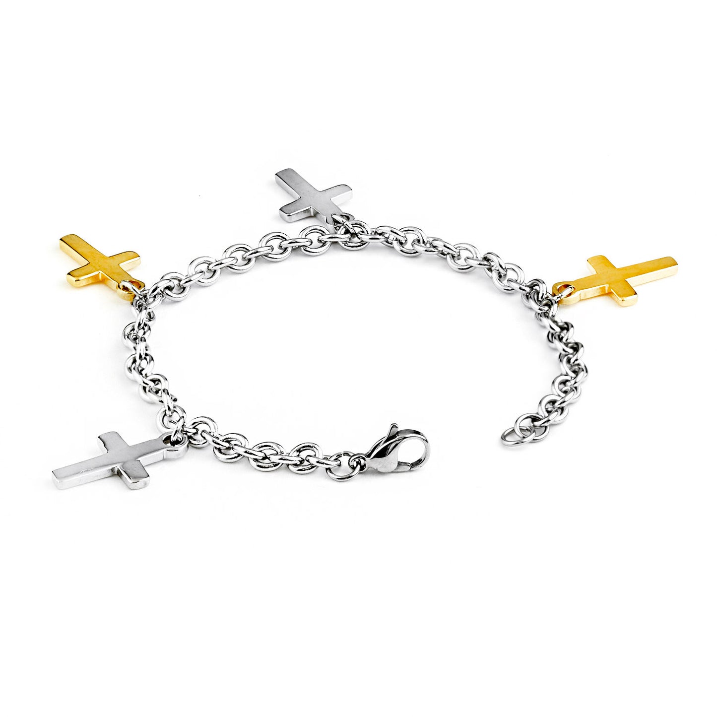 ELYA Polished Dangling Cross Charms Stainless Steel Bracelet - 7.5"