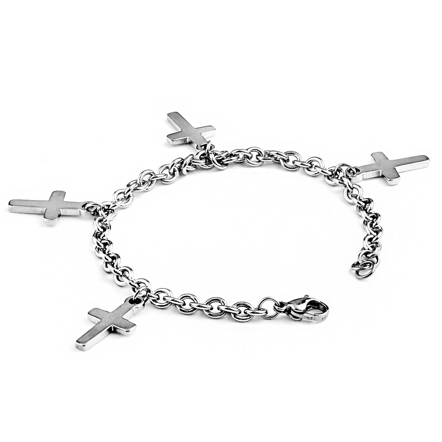 ELYA Polished Dangling Cross Charms Stainless Steel Bracelet - 7.5"