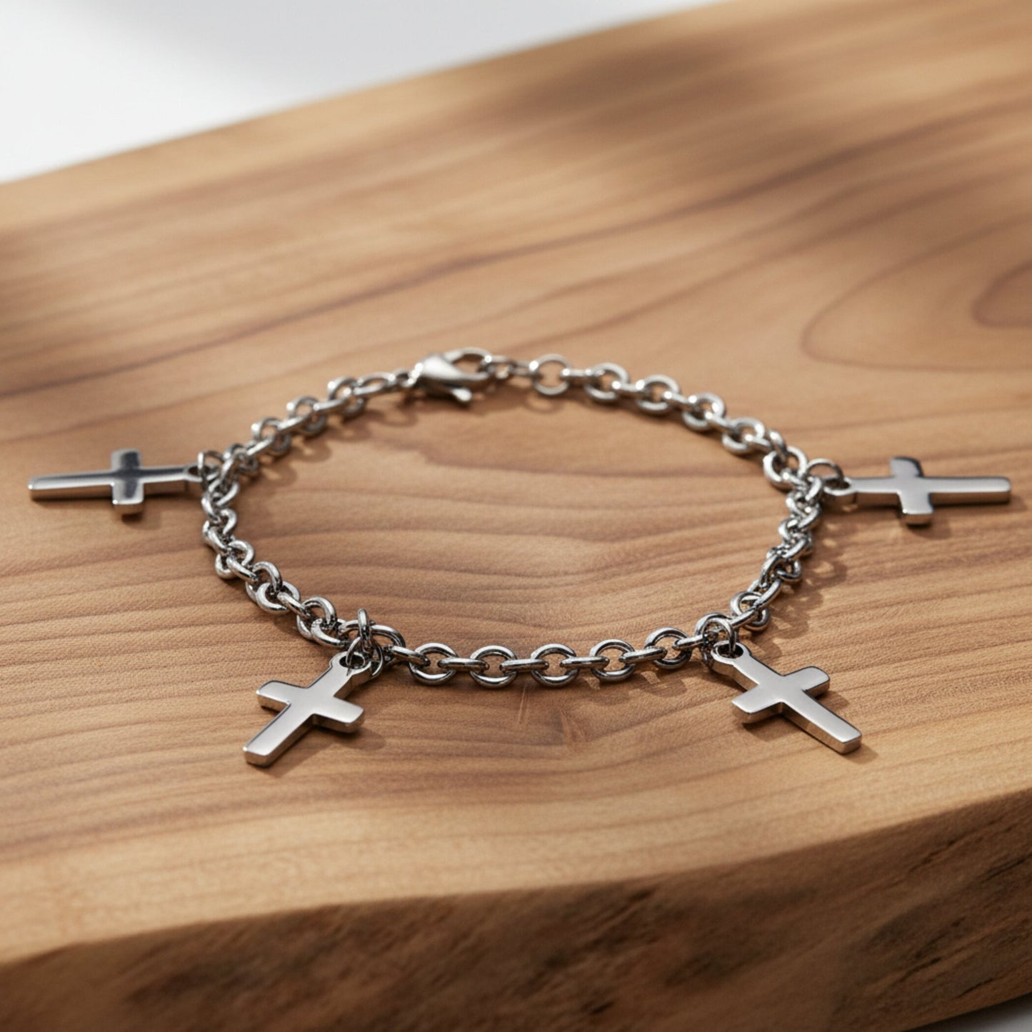 ELYA Polished Dangling Cross Charms Stainless Steel Bracelet - 7.5"