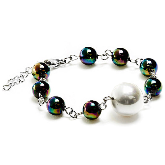 ELYA White Shell Pearl and Multicolor Glass Bead Stainless Steel Bracelet (14 mm) - 7"