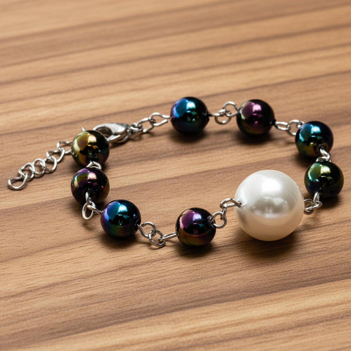 ELYA White Shell and Multicolor Glass Bead Steel Bracelet - 7"