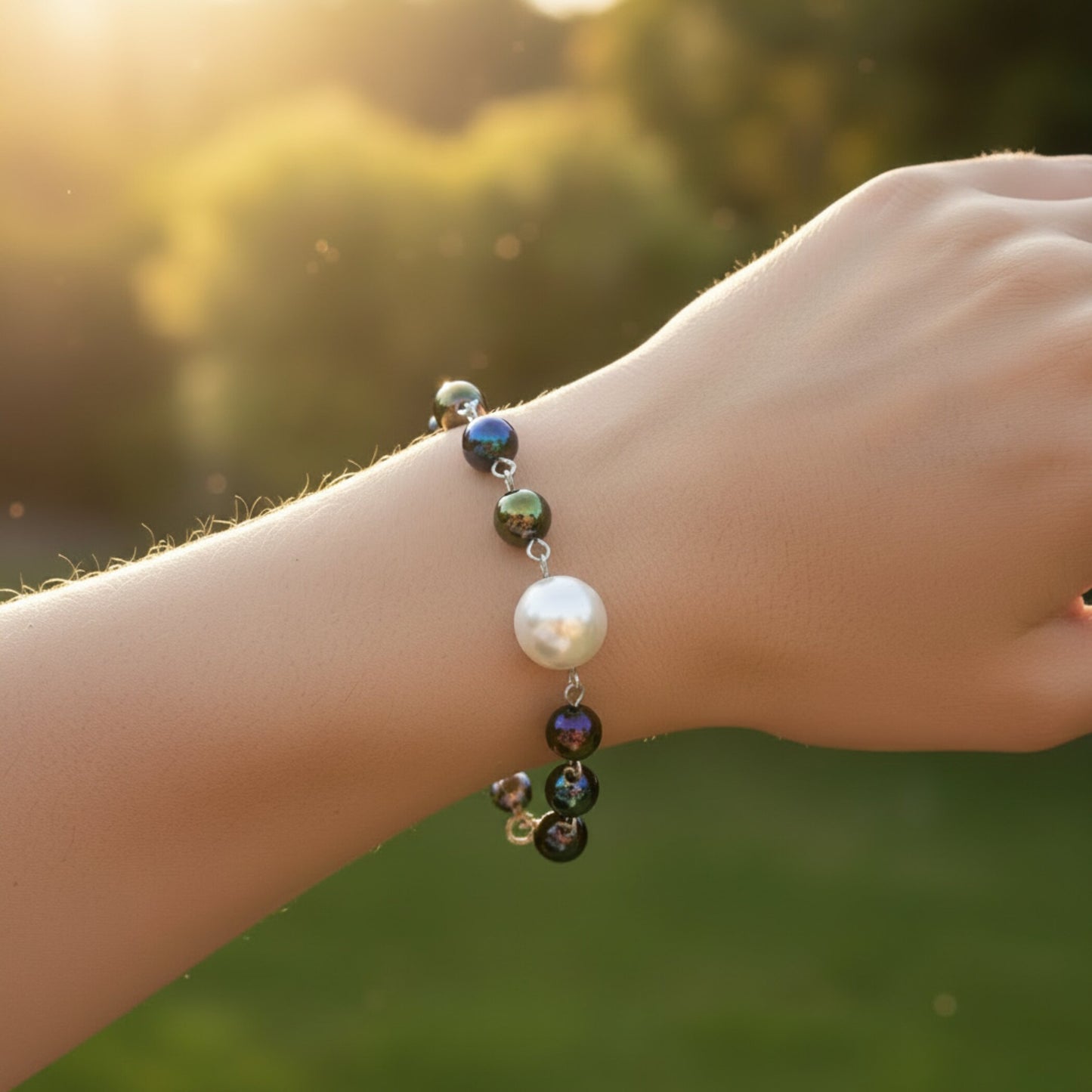 ELYA White Shell and Multicolor Glass Bead Steel Bracelet - 7"