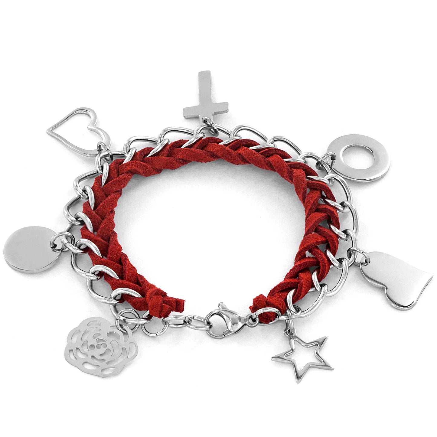 ELYA Love and Faith Charms Red Woven Leather Stainless Steel Bracelet (14 mm) - 7.5"