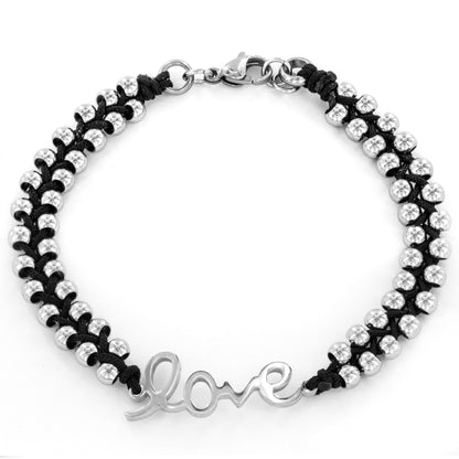 Beaded 'Love' Braided Cord Stainless Steel Bracelet - 7.5"