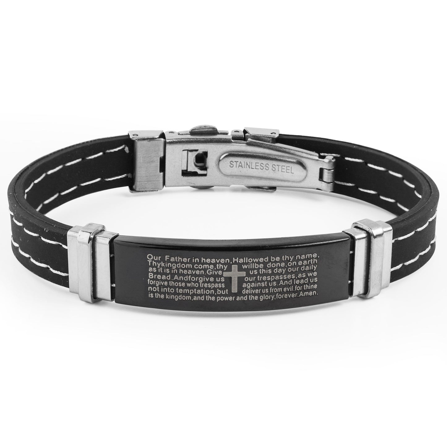 Men's Stainless Steel Lord's Prayer ID Plate Rubber Bracelet