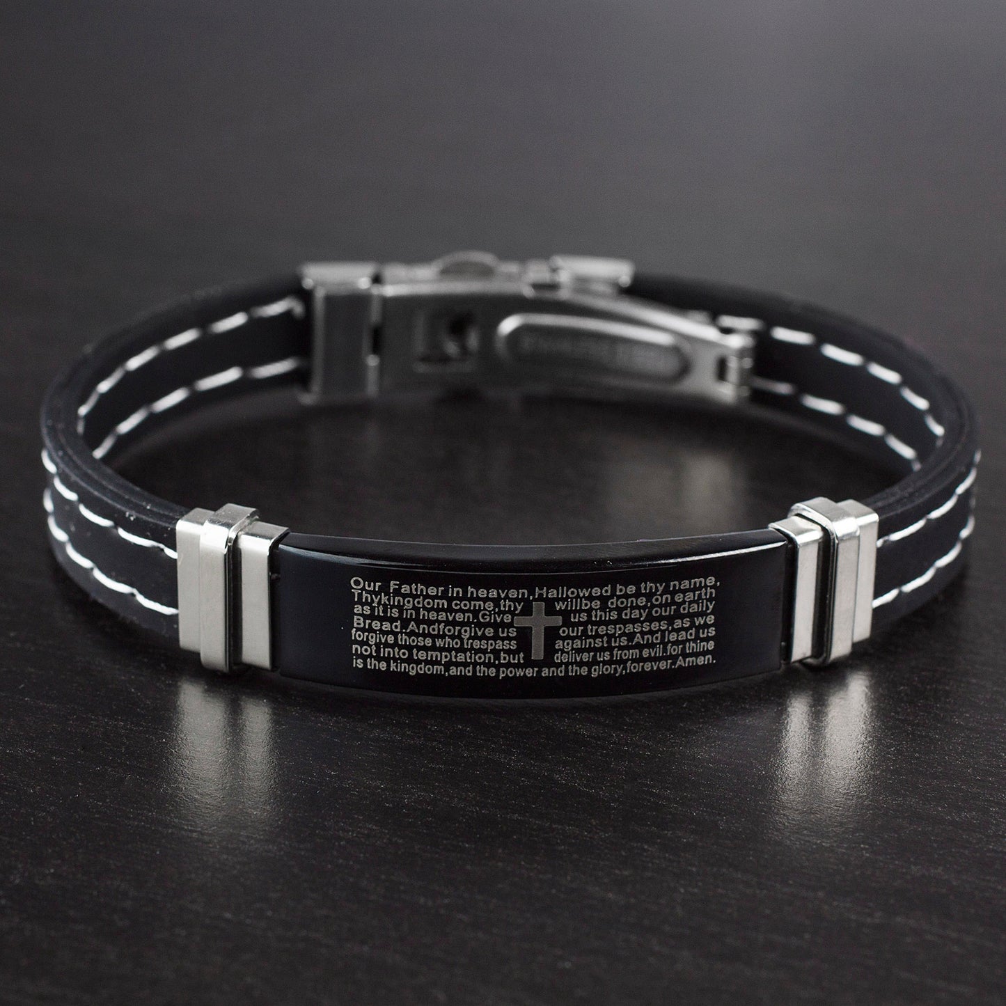 Men's Stainless Steel Lord's Prayer ID Plate Rubber Bracelet