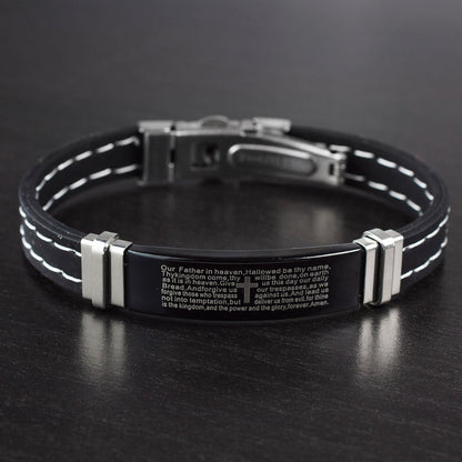 Men's Stainless Steel Lord's Prayer ID Plate Rubber Bracelet