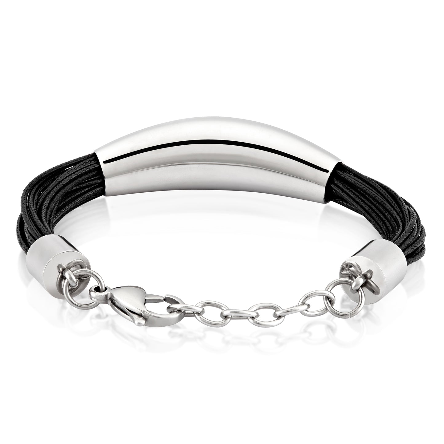 ELYA Polished Elongated Tube Multi-Strand Leatherette Stainless Steel Bracelet