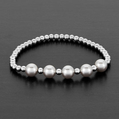 Crystal Pearl and Stainless Steel Beaded Stretch Bracelet (4mm Wide)