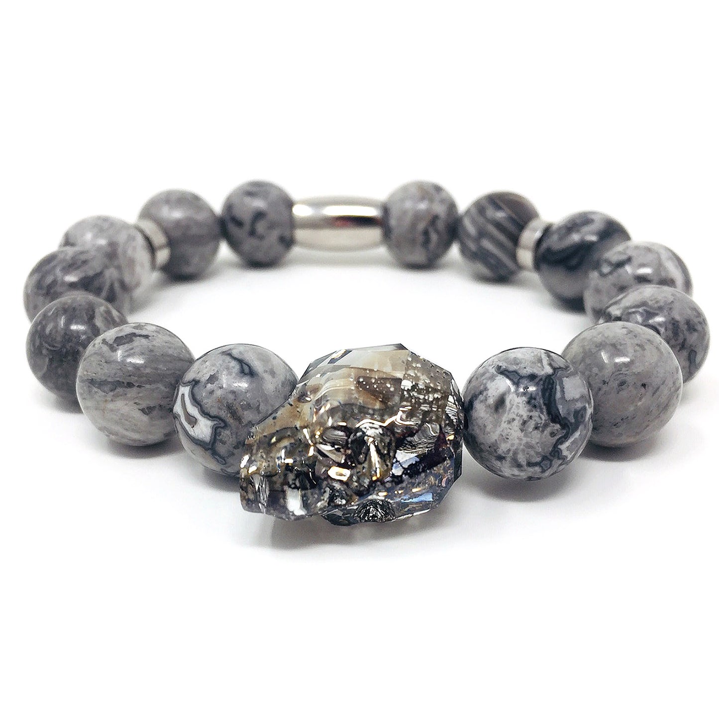 Swarovski Skull with Gray Jasper Stones Beaded Bracelet (12mm)