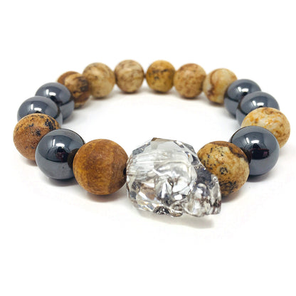 Swarovski Skull with Hematite and Picture Jasper Stones Beaded Bracelet (12mm)