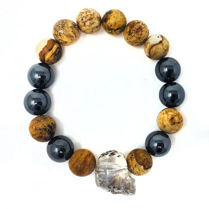 Swarovski Skull with Hematite and Picture Jasper Stones Beaded Bracelet (12mm)