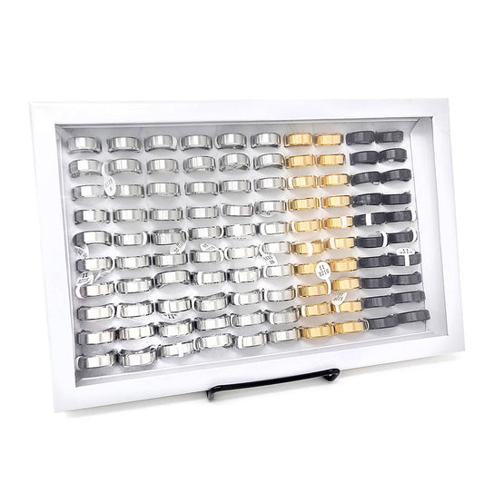 Men's 100 Piece Box Ring Set Brushed Beveled Edge Steel Wedding Band Rings (8mm)