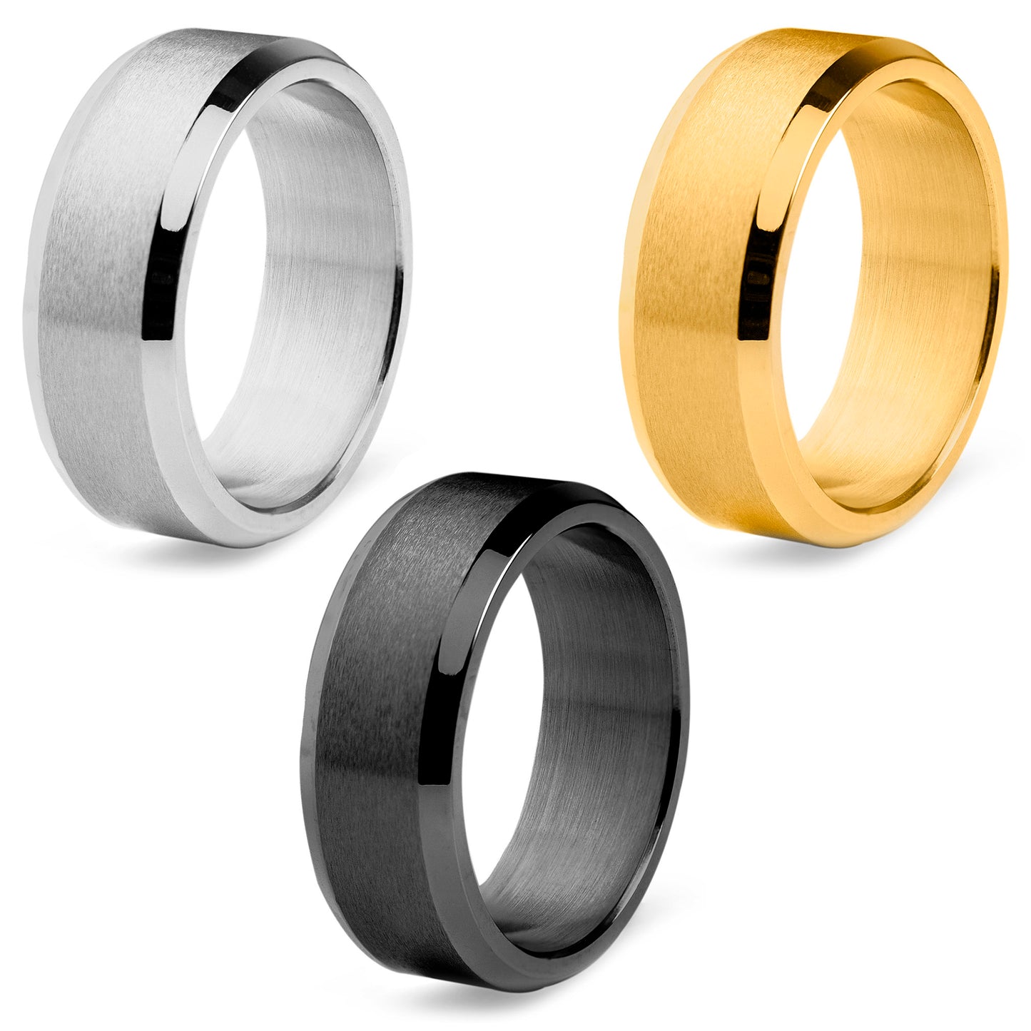 Men's 100 Piece Box Ring Set Brushed Beveled Edge Steel Wedding Band Rings (8mm)