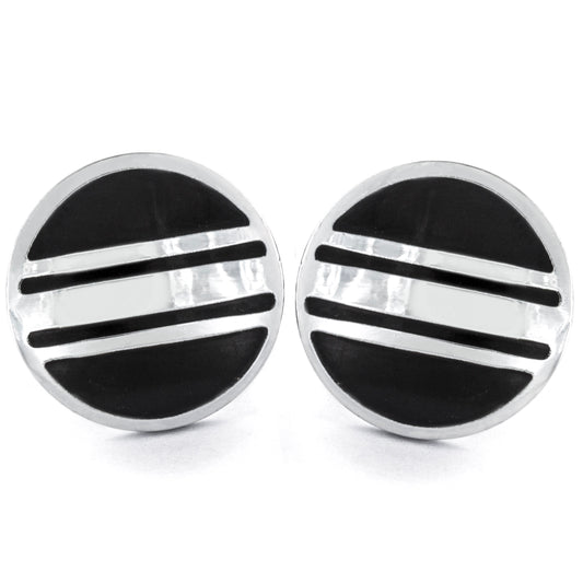 Men's Striped Black and Polished Round Cuff Links