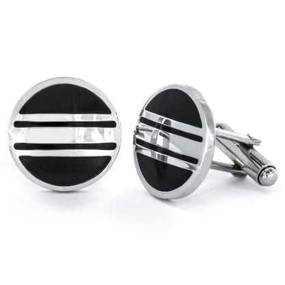 Men's Striped Black and Polished Round Cuff Links