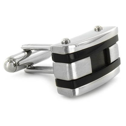 Men's Stainless Steel Black Inlay and Black Racing Striped Cuff Links
