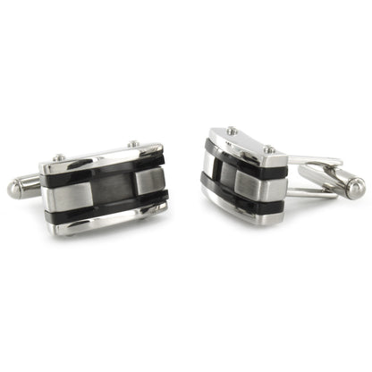 Men's Stainless Steel Black Inlay and Black Racing Striped Cuff Links