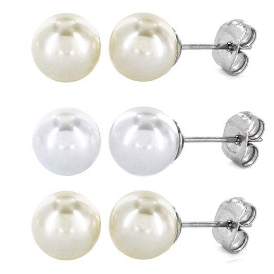 ELYA Women's White Cream and Off-white Freshwater Pearl Stud Stainless Steel Earrings Set