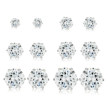 ELYA Women's High Polished Cubic Zirconia Stainless Steel Stud Earrings - 6 Pair set