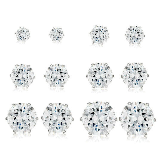 ELYA Women's High Polished Cubic Zirconia Stainless Steel Stud Earrings - 6 Pair set